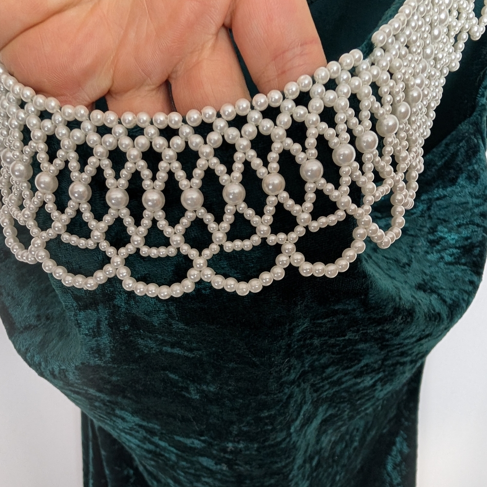 All that Jazz Teal Velvet Maxi Dress with Crochet Collar - Picture 4 of 9